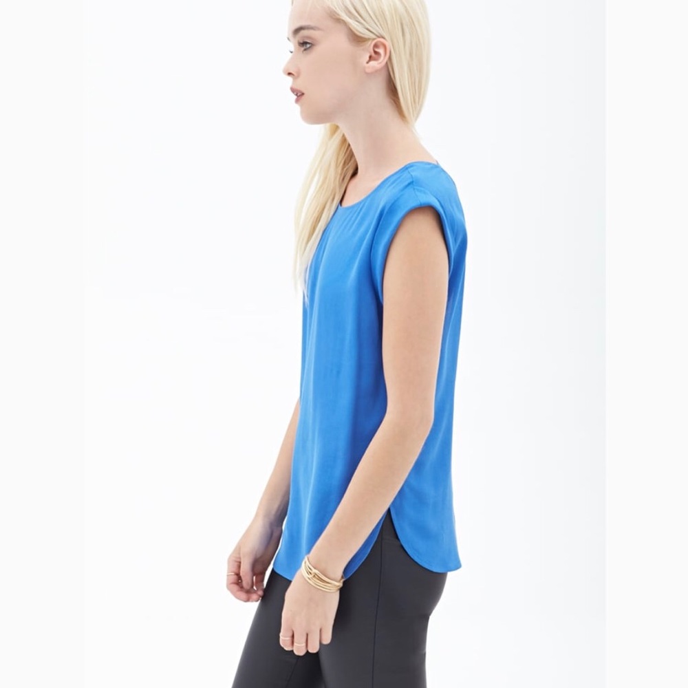 Women’s Royal Blue Capped Sleeve Open Back Short Sleeve Top Blouse Medium - Picture 5 of 8